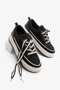 Kadın Yüksek Taban Sneaker Keten Kumaş Bağcıklı Spor Ayakkabı Hesna Siyah